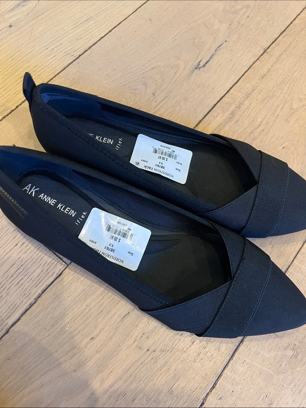 Anne Klein Black Pointed Toe Slip-On Flats with Crossover Vamp